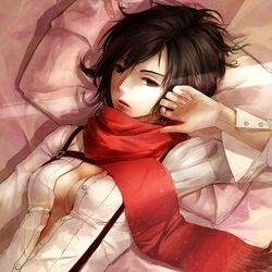  black_hair breasts brown_eyes cleavage lying mikasa_ackerman open_clothes open_shirt scarf shingeki_no_kyojin short_hair wailwind 