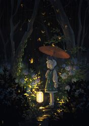  1girl blue_eyes butterfly darkness flower forest hair_ribbon highres konpaku_youmu lamp lantern long_sleeves nature night oriental_umbrella paper_lantern rain ribbon seeker shirt silver_hair skirt skirt_set solo touhou umbrella vest 