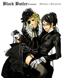  2girls bayonetta bayonetta_(character) black_gloves black_hair black_legwear black_rose blonde_hair butler character_name character_request corset crossover dress eyepatch eyeshadow flower frills garter_straps gloves gothic_lolita hairband highres lipstick lolita_fashion makeup mole multiple_girls paintze reverse_trap rose smile thigh-highs white_gloves 