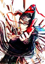  1girl bayonetta bayonetta_(character) black_hair blue_eyes bodysuit breasts elbow_gloves finger_gun glasses gloves hair_ribbon lipstick long_hair makeup mole pointing pointing_at_viewer ribbon seitsuji smile solo white_gloves 