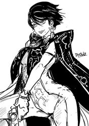  bayonetta bayonetta_(character) bayonetta_2 bodysuit breasts bridal_gauntlets cape earrings elbow_gloves eroquis glasses gloves gun jewelry mole monochrome shawl short_hair smile under_boob weapon 
