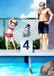  bike_shorts bikini bird elephant hand_on_hip highres irui_guneden nakamura_kanko penguin pool sanger_zonvolt starting_block stretch super_robot_wars swimsuit whistle 