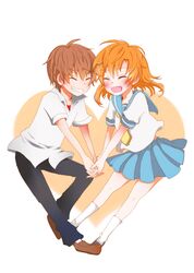  1girl bad_id brown_hair closed_eyes couple heart highres higurashi_no_naku_koro_ni holding_hands maebara_keiichi niru_moyashi orange_hair ryuuguu_rena school_uniform serafuku short_hair smile 