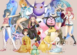  akane_(pokemon) alternate_costume alternate_hairstyle ampharos anzu_(pokemon) bare_shoulders bellossom black_hair blue_hair brown_hair cape crobat dragonair erika_(pokemon) espeon gym_leader ibuki_(pokemon) japanese_clothes kasumi_(pokemon) kasumi_(pokemon)_(hgss) kimono lapras long_hair midriff mikan_(pokemon) miltank multiple_girls natsume_(pokemon) natsume_(pokemon)_(hgss) navel orange_hair pink_hair pokemon pokemon_(game) pokemon_gsc purple_hair shizuka(tp_s2) skirt title_drop 