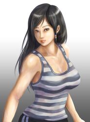  1girl bangs bare_shoulders berujaman black_hair breasts brown_eyes casual dead_or_alive kokoro_(doa) large_breasts lips long_hair parted_bangs solo striped tank_top track_pants 