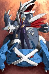 blue_eyes faust134 formal grey_hair jewelry male metagross pokemon pokemon_(game) pokemon_rse red_eyes ring skarmory suit tsuwabuki_daigo yellow_eyes 