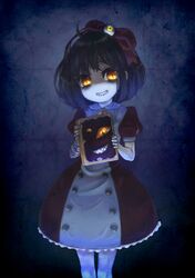  ade_san book dress evil_grin evil_smile glowing glowing_eyes grin hair_ribbon highres librom pale_skin personification ribbon short_hair smile solo soul_sacrifice yellow_eyes 