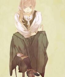  axis_powers_hetalia bangs blonde_hair boots bracelet flower grey_eyes hair_flower hair_ornament hungary_(hetalia) jewelry jonathan leaning leaning_forward long_skirt ponytail short_hair side_ponytail sitting skirt smile solo swept_bangs vest young 