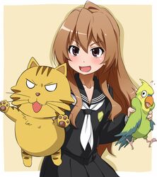 aisaka_taiga animal bird blush brown_eyes brown_hair flat_chest inko long_hair open_mouth palmtop_tiger parakeet parrot school_uniform serafuku skirt solo tiger toradora! youkan