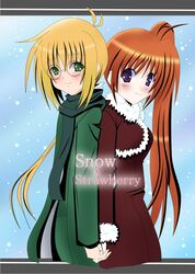  1girl back-to-back blush brown_hair couple glasses holding_hands long_hair mahou_shoujo_lyrical_nanoha mahou_shoujo_lyrical_nanoha_strikers purple_eyes scarf side_ponytail smile snow takamachi_nanoha teliga violet_eyes yuuno_scrya 