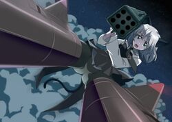  black_legwear cat_ears cat_tail cloud clouds green_eyes grey_hair military military_uniform necktie night pantyhose rison rocket_launcher sanya_v_litvyak solo strike_witches striker_unit striker_units tail uniform weapon 