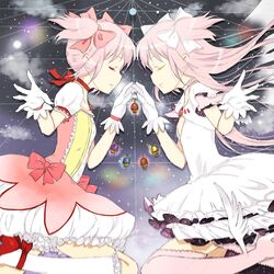  2girls chizuru_(dishing) colored_eyelashes dress dual_persona gloves goddess_madoka hair_ribbon kaname_madoka long_hair mahou_shoujo_madoka_magica multiple_girls pink_hair ribbon short_hair smile soul_gem thigh-highs twintails two_side_up white_dress 