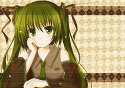  chin_rest detached_sleeves green_eyes green_hair hatsune_miku long_hair mashayuki necktie solo twintails vocaloid 