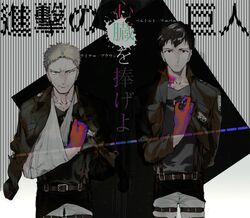  2boys belt bertholt_fubar black_eyes black_hair blonde_hair cast ft_(refan523) jacket multiple_boys reiner_braun salute shingeki_no_kyojin short_hair thigh_strap 