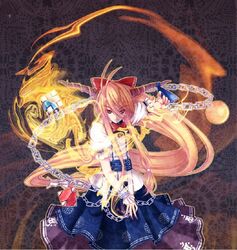  blonde_hair bow chain hair_bow horns ibuki_suika kugi_ta_hori_taira long_hair red_eyes solo touhou 