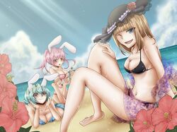   animal_ears aqua_hair bare_legs bare_shoulders beach bikini blue_eyes bottle breasts rabbit_ears cleavage cloud eva_beatrice flower frills hat large_breasts nr_fjmr ocean orange_hair pink_hair red_eyes rose scarf siesta410 siesta45 siesta_sisters sunbeam swimsuit umineko_no_naku_koro_ni  