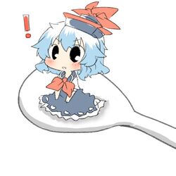  1girl black_eyes blue_hair blush hat kamishirasawa_keine lowres open_mouth rebecca_(keinelove) short_hair smile spoon touhou 