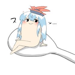  1girl black_eyes blue_hair blush hat kamishirasawa_keine long_hair lowres rebecca_(keinelove) spoon touhou yukkuri_shiteitte_ne 