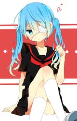  1girl aqua_eyes blue_hair crossed_legs eyepatch hatsune_miku jimmy kneehighs school_uniform serafuku sitting skirt solo twintails vocaloid 