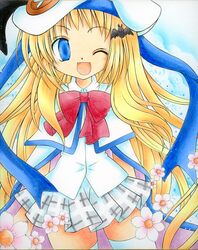  blue_eyes flower kazra little_busters! long_hair noumi_kudryavka plaid plaid_skirt school_uniform skirt tartan thigh-highs thighhighs traditional_media wink 