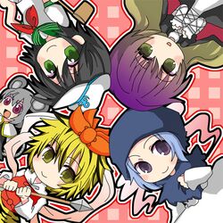  blue_eyes gradient_hair green_eyes grey_hair hijiri_byakuren kumoi_ichirin multicolored_hair murasa_minamitsu nazrin red_eyes ryuukichi toramaru_shou touhou unzan yellow_eyes 