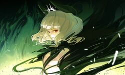  bangs blunt_bangs fire glowing grey_hair horns original red_eyes rozer solo 