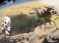  battleship flying harlock_saga highres jolly_roger kujira_gunsou mecha orbit pirate planet skull_and_crossbones space_craft space_pirate_captain_harlock uchuu_kaizoku_captain_harlock waga_seishun_no_arcadia 