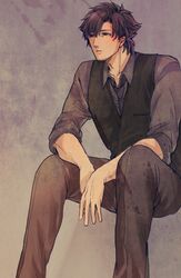  1boy black_eyes black_hair emiya_kiritsugu fate/zero fate_(series) imsgi sitting solo vest waistcoat 