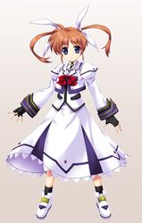  1girl brown_hair fingerless_gloves gloves hair_ribbon katase_kai light_smile long_sleeves lyrical_nanoha magical_girl mahou_shoujo_lyrical_nanoha puffy_sleeves ribbon short_twintails simple_background solo takamachi_nanoha twintails violet_eyes 