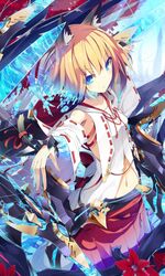  1girl animal_ears blonde_hair blue_eyes cat_ears cat_tail detached_sleeves ichiyan japanese_clothes miko original solo tail 