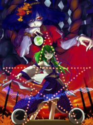  detached_sleeves frog green_hair hair_ornament ishikawa_yuga kochiya_sanae long_hair looking_down pac-man_eyes purple_hair pyonta red_eyes short_hair snake star touhou wink yasaka_kanako 