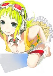  bad_id breasts cleavage garters goggles goggles_on_head green_eyes green_hair gumi headphones headset kezurico leaning_forward short_hair simple_background smile solo tongue vocaloid 