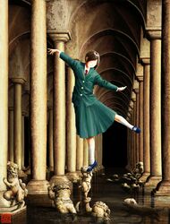 blush closed_eyes dancing hallway original outstretched_arms outstretched_hand school_uniform smile solo statue sunaenoma 