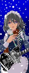  be_(o-hoho) checkered electric_guitar grey_hair guitar instrument izayoi_sakuya maid_headdress purple_eyes short_hair snowing solo touhou violet_eyes 