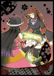  armband black_hair blue_eyes dress featherine_augustus_aurora hair_bobbles hair_ornament redhead saya6382 scroll skirt thigh-highs umineko_no_naku_koro_ni ushiromiya_ange 