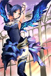  1girl armpits arms_up blue_hair blue_legwear breasts idolmaster idolmaster_cinderella_girls looking_at_viewer short_hair solo thigh-highs thighs wings 