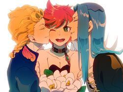  1girl 2boys blonde_hair blue_hair bouquet flower giorno_giovanna green_eyes hat jojo_no_kimyou_na_bouken leone_abbachio maguro_(ma-glo) multiple_boys pink_hair short_hair trish_una wink 