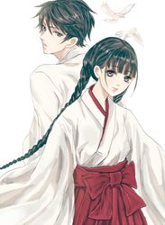  1boy 1girl black_hair braid brown_eyes brown_hair japanese_clothes long_hair miko necktie rdg_red_data_girl sagara_miyuki short_hair suzuhara_izumiko twin_braids 