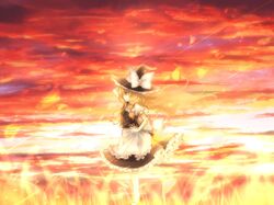  apron arm_up blonde_hair bow braid hair_bow hand_on_hip hat hat_ribbon kirisame_marisa long_hair navio profile ribbon single_braid solo sunset touhou very_long_hair witch_hat 