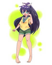  1girl aqua_eyes barefoot black_hair ganaha_hibiki idolmaster long_hair ponytail ribbon shorts smile solo very_long_hair 