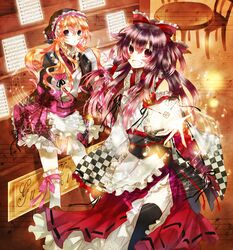  black_hair blonde_hair bow hair_bow hakurei_reimu kirisame_marisa long_hair multiple_girls smile ta_eiko taeko_(tao) touhou 