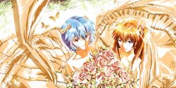  ayanami_rei bare_shoulders blue_eyes blue_hair bridal_veil bride butterfly dress flower long_hair multiple_girls neon_genesis_evangelion orange_hair red_eyes short_hair souryuu_asuka_langley stu_dts twintails veil wedding_dress 