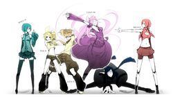  /\/\/\ alternate_hairstyle belt blonde_hair blue_hair boots detached_sleeves dress everyone finger_gun green_hair hatsune_miku headphones kagamine_len kagamine_rin kaito long_hair megurine_luka meiko midriff necktie pink_hair pose redhead ribbon scarf short_hair shorts skirt split vocaloid 