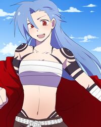  bandages blue_hair genderswap kamina long_hair lowres midriff red_eyes tattoo tengen_toppa_gurren_lagann 