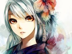  aoshiki flower hair_flower hair_ornament japanese_clothes kimono long_hair orange_eyes original silver_hair solo 