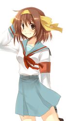  armband brown_eyes brown_hair hairband newpe school_uniform short_hair suzumiya_haruhi suzumiya_haruhi_no_yuuutsu 