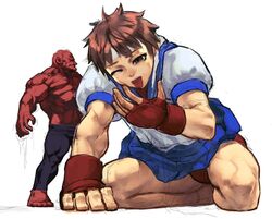 brown_eyes brown_hair cozy fingerless_gloves gloves gouki kasugano_sakura kneeling school_uniform serafuku street_fighter wink 