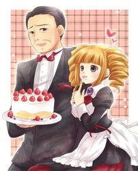  berune black_hair blonde_hair cake drill_hair food formal gouda_toshirou maekawa_suu maid suit umineko_no_naku_koro_ni 