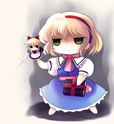  alice_margatroid blonde_hair book capelet doll green_eyes hairband hat lance polearm ribbon shanghai short_hair smile smirk weapon yume_shokunin 