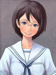  blue_eyes glasses grin highres mole original pixiv_manga_sample school_uniform shigureteki short_hair smile solo 